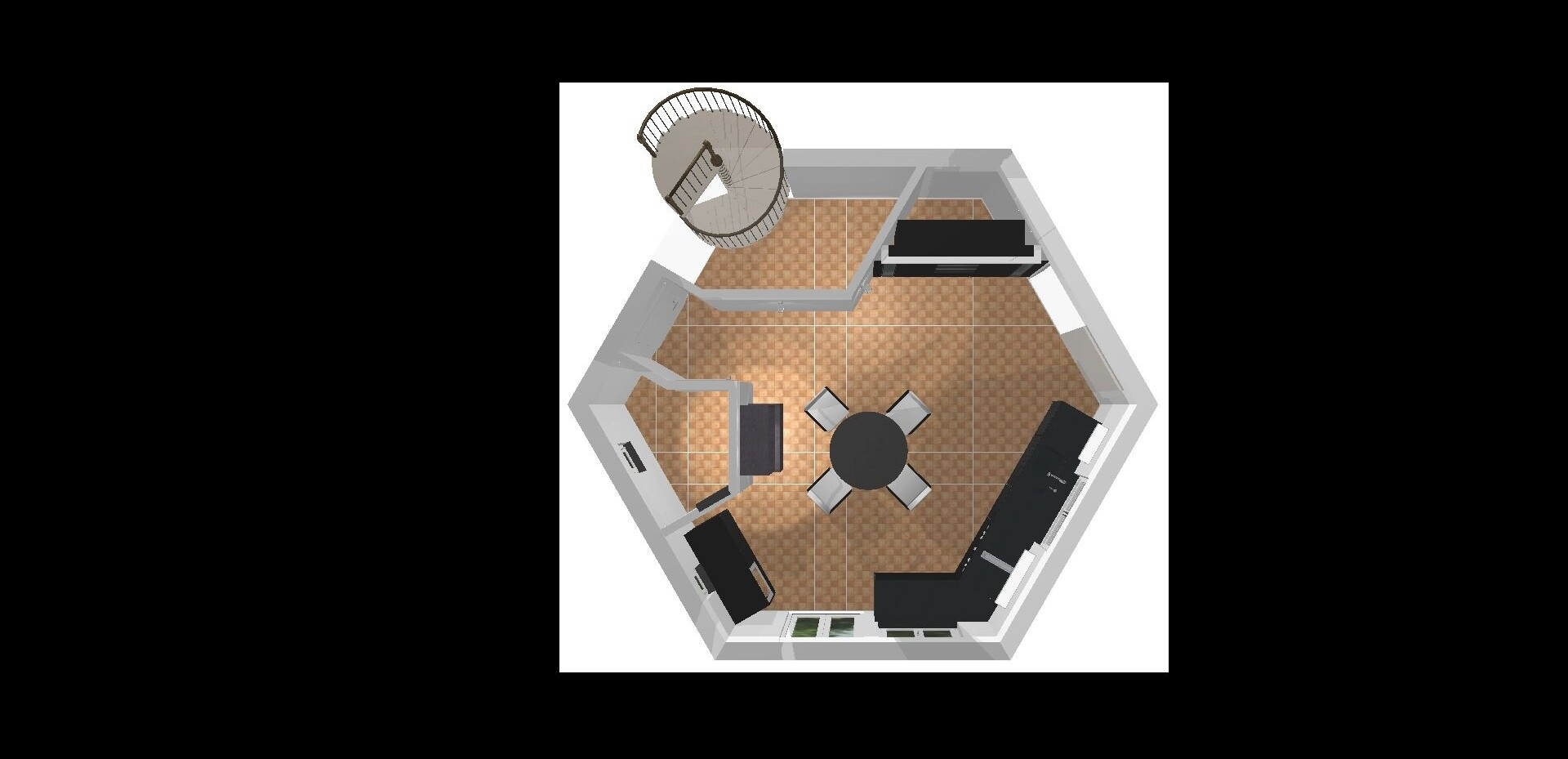 Die Vogelperspektive zeigt den wabenförmigen Grundriss der Küche.