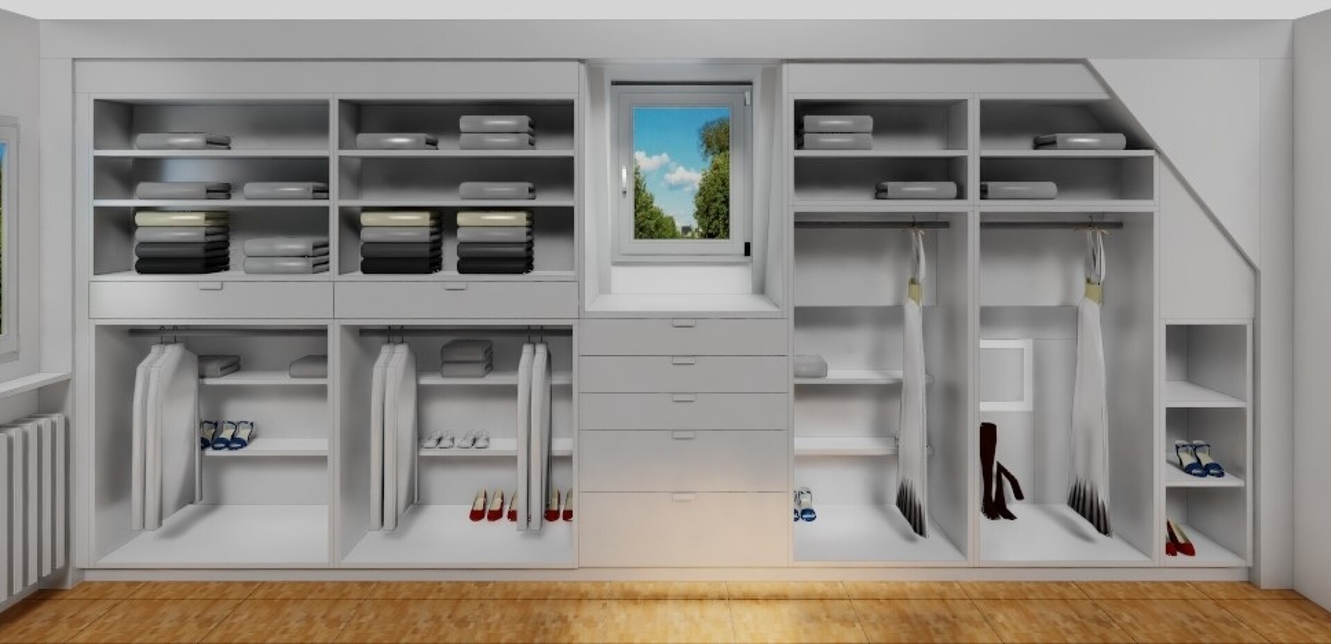 Ein schönes Projekt: In eine Dachschräge nach hinten und nach rechts soll eine Ankleide eingebaut werden die den vorh. Raum maximal nutzt. Zum Wechseln der Winter- und Sommerbekleidung sollen genügend Fachböden eingeplant werden.
Diese Forderungen haben wir, wie im Bild dargestellt, umgesetzt.