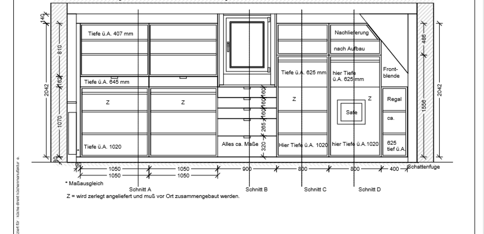 Diese Fertigungszeichnung ( Ansicht ) veranschaulicht die technischen Details der Ankleide. Durch die unterschiedlichen Tiefen der Schränke wird der Raum unter den beiden Schrägen optimal genutzt.