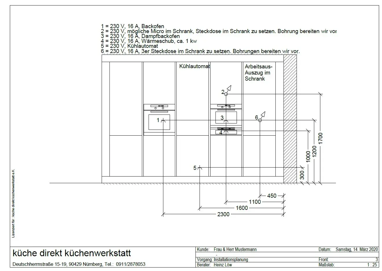 Technische Zeichnung einer Küchenfront mit Maßen und Beschriftungen.