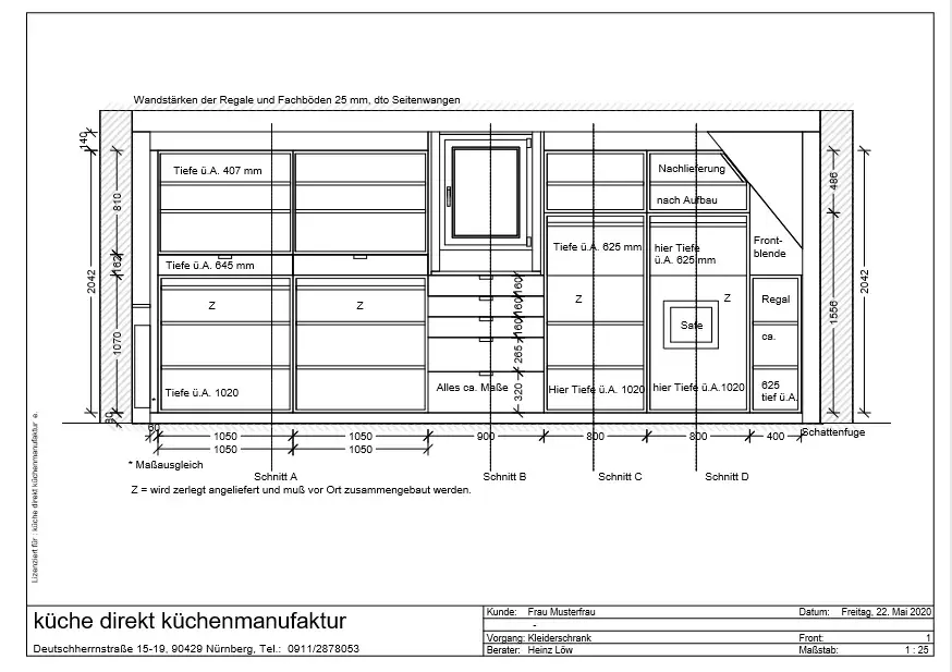 Technische Zeichnung einer Küchenansicht mit Maßen und Schrankaufteilung